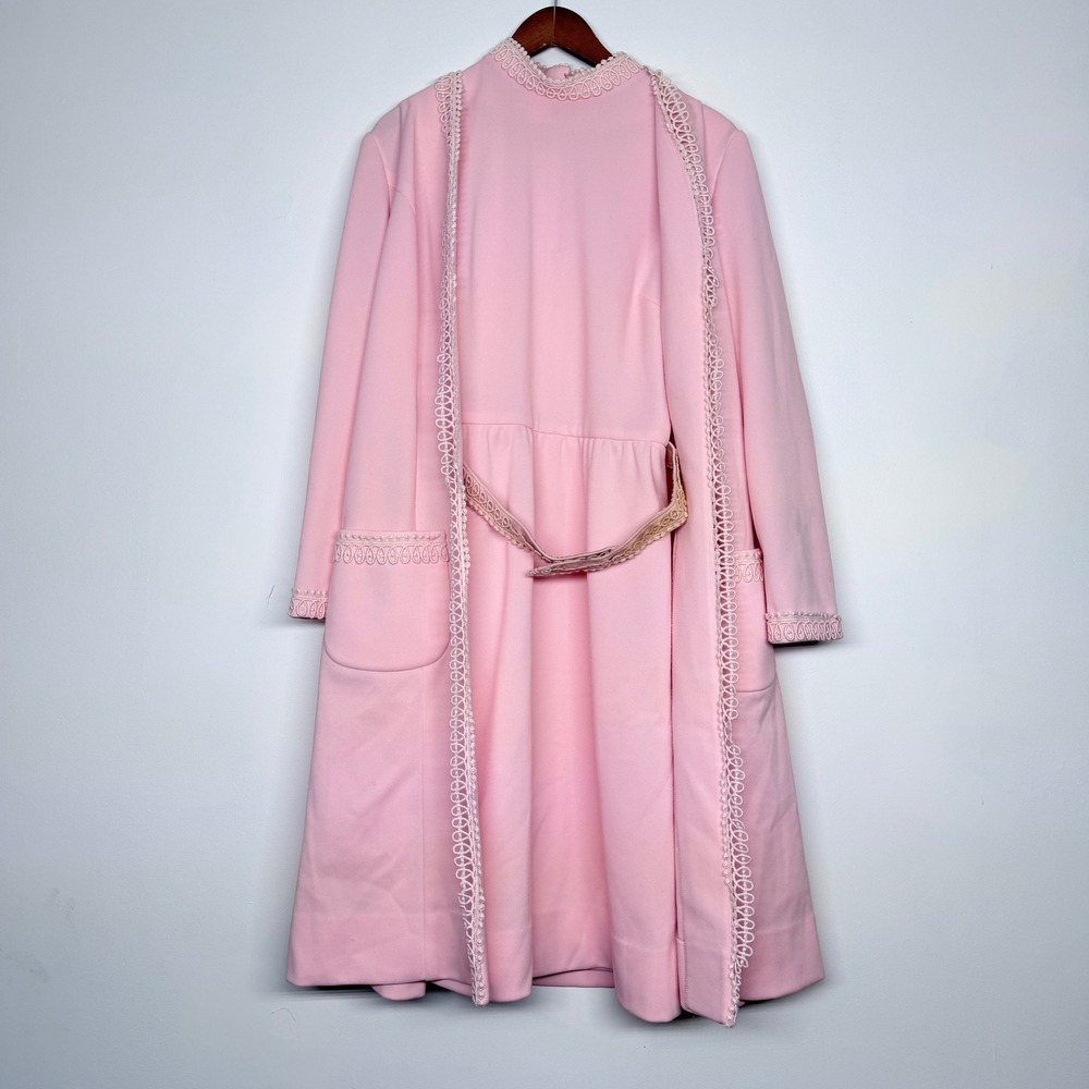 Vintage Nardis of Dallas Pink Dress & Duster Coat Set Mod 2pc Double Knit Pink